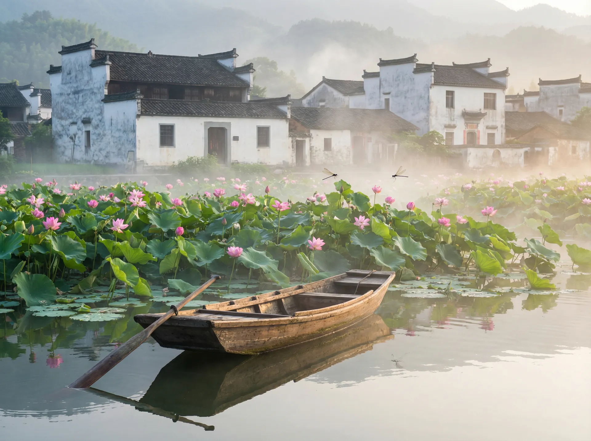 清晨荷塘小舟，粉色荷花盛开，白墙黑瓦的村庄 - 向日葵韩国 水乡风情